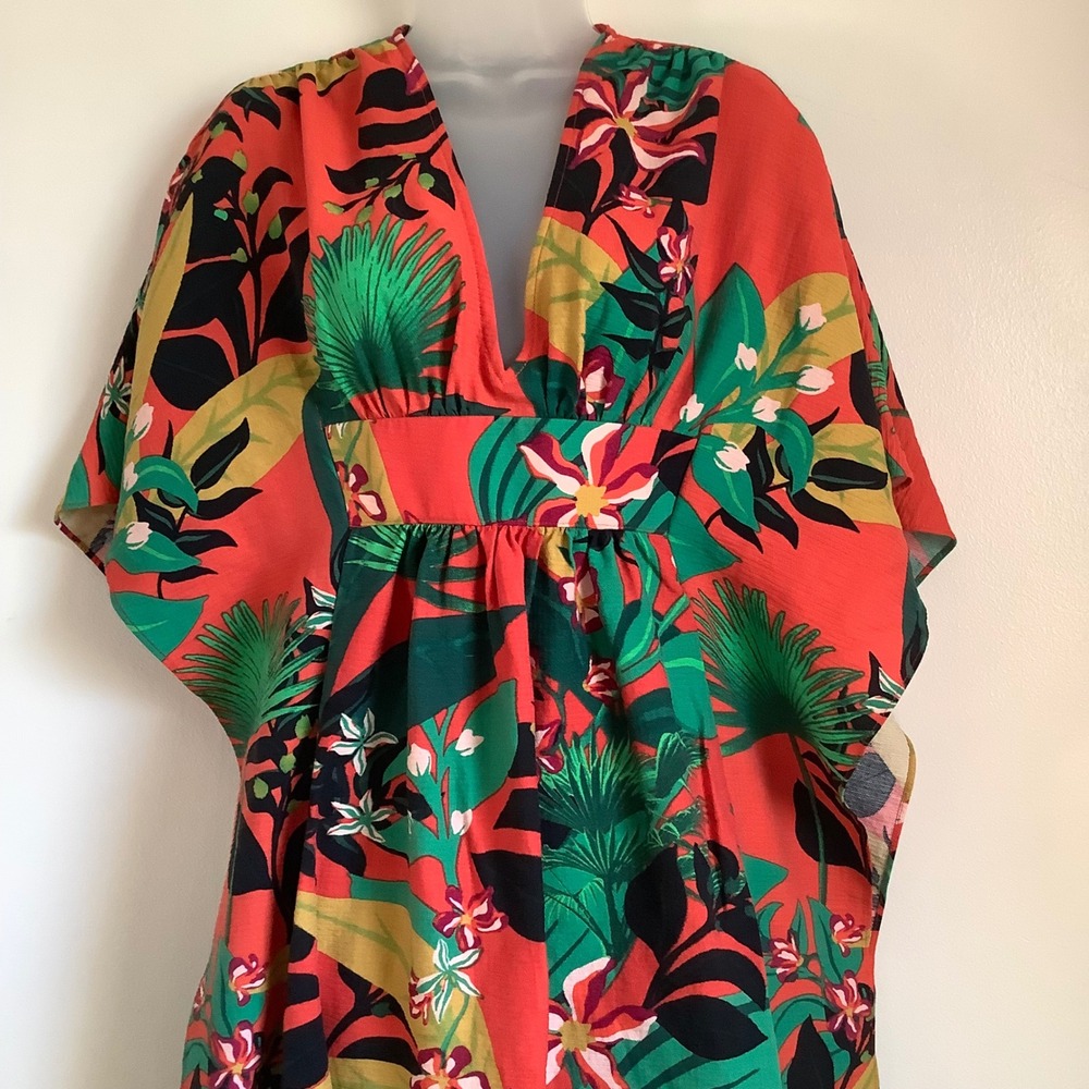 INC International Concepts Tropical Floral Maxi Dress Red Green PP Petite Kaftan